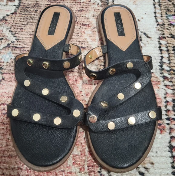 Black Strappy Faux Leather Sandals With Gold Studs - Picture 2 of 2
